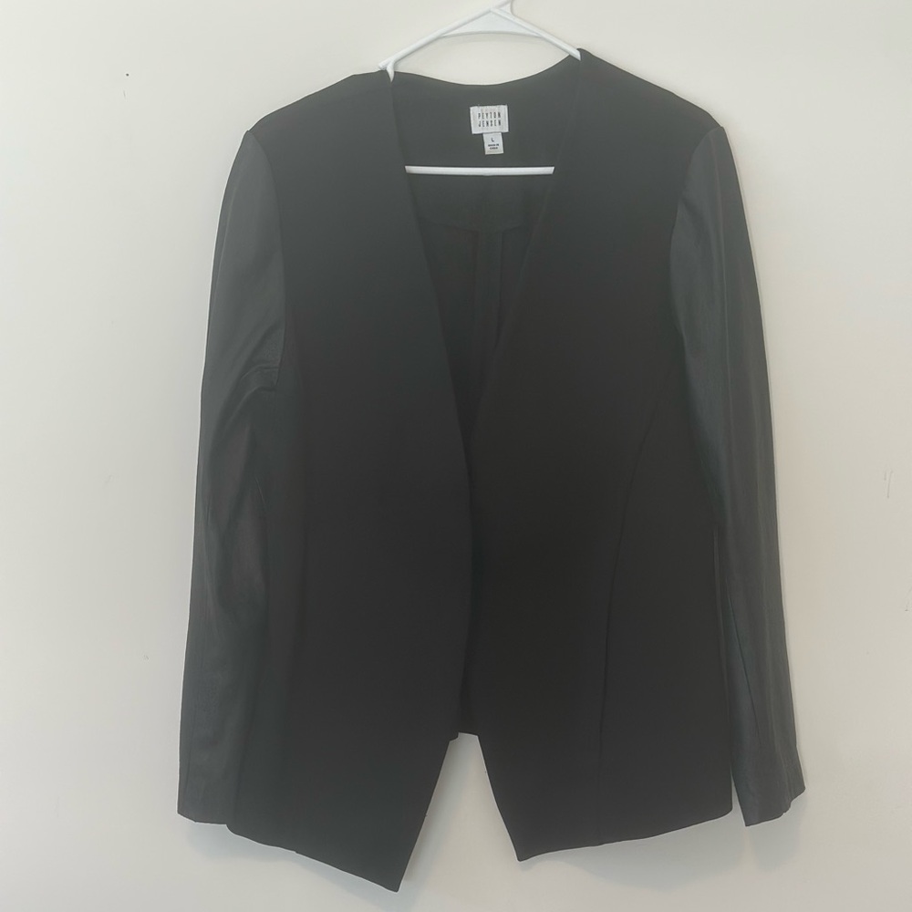 Evereve by Peyton Jensen Open Front Faux Leather Sleeves Jacket Cardigan Large